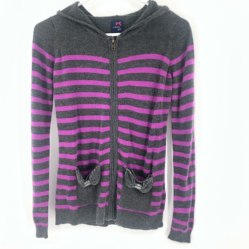Tommy Girl Sweater Womens Medium Striped Hooded Zip Jacket Cardigan Bow Purple